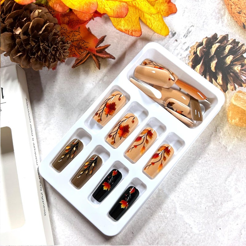 CJDLTS Thanksgiving Day Press on Nails Medium Ballet Shaped Artificial Acrylic Nail Maple Leaf Stick on Nails Full Cover Glossy Press Ons Artificial Fingernails Festival Glue on Nails for Women Manicure - Image 3